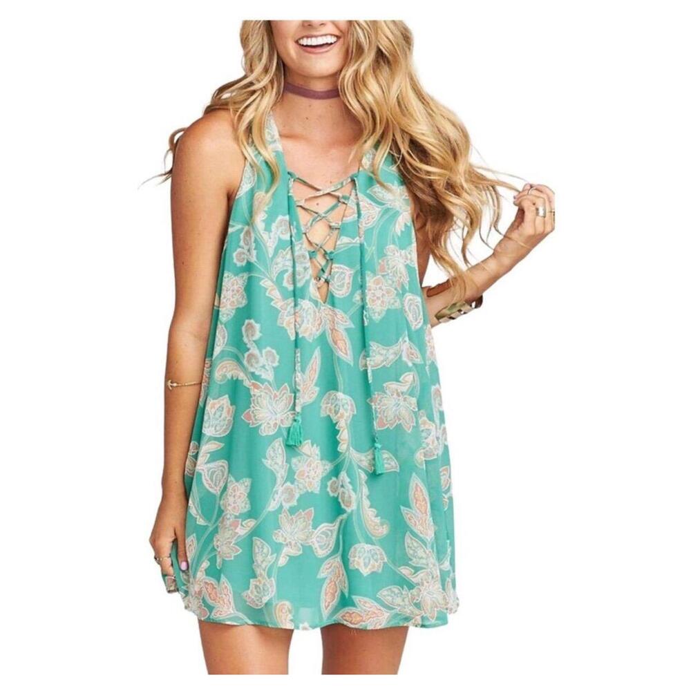 ShowMe Your Mumu Blue Rancho Mirage Lace up Mini Dress Sz Sm EUC